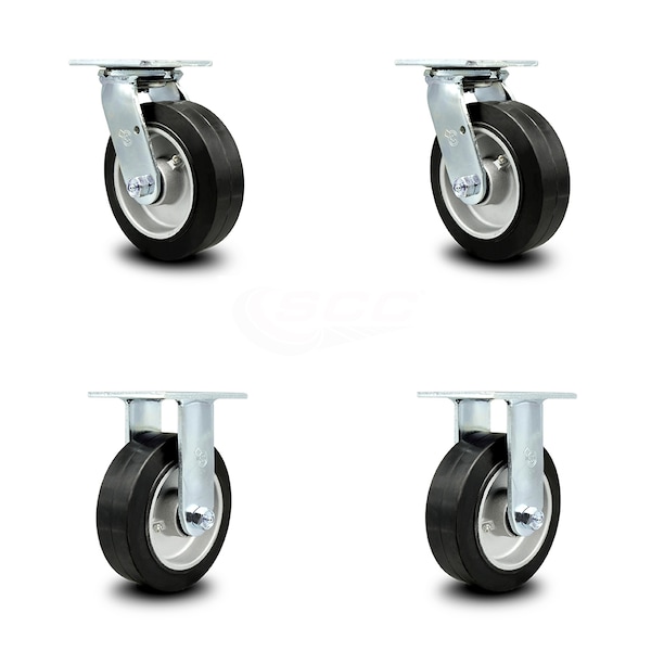 6 Inch Rubber on Aluminum Caster Set with Ball Bearings 2 Swivel 2 Rigid SCC